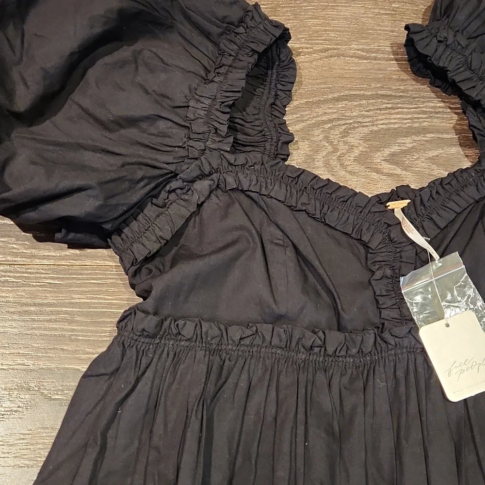 ❤️ NWT! FREE PEOPLE RENDEVOUS ME BLACK PUFF SLEEVE POPLIN MINI DRESS, MEDIUM